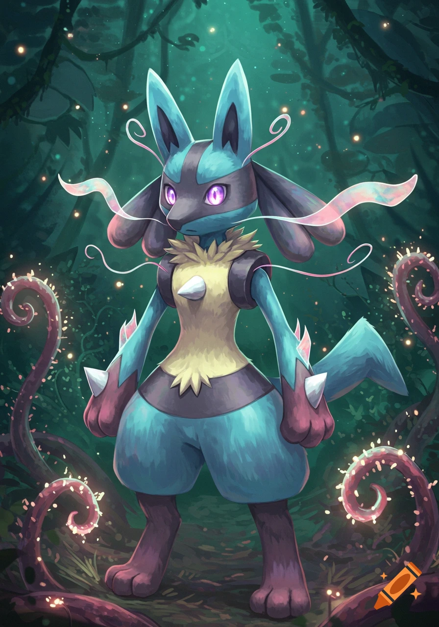 A blue and black Lucario stands in a vibrant, glowing forest, with magical tendrils curling around it in an illustrative style.