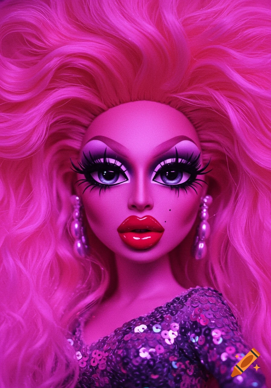 Close-up of a glamorous, stylized drag queen doll with bright pink hair, heavy makeup, red lips, and a sequined purple outfit.