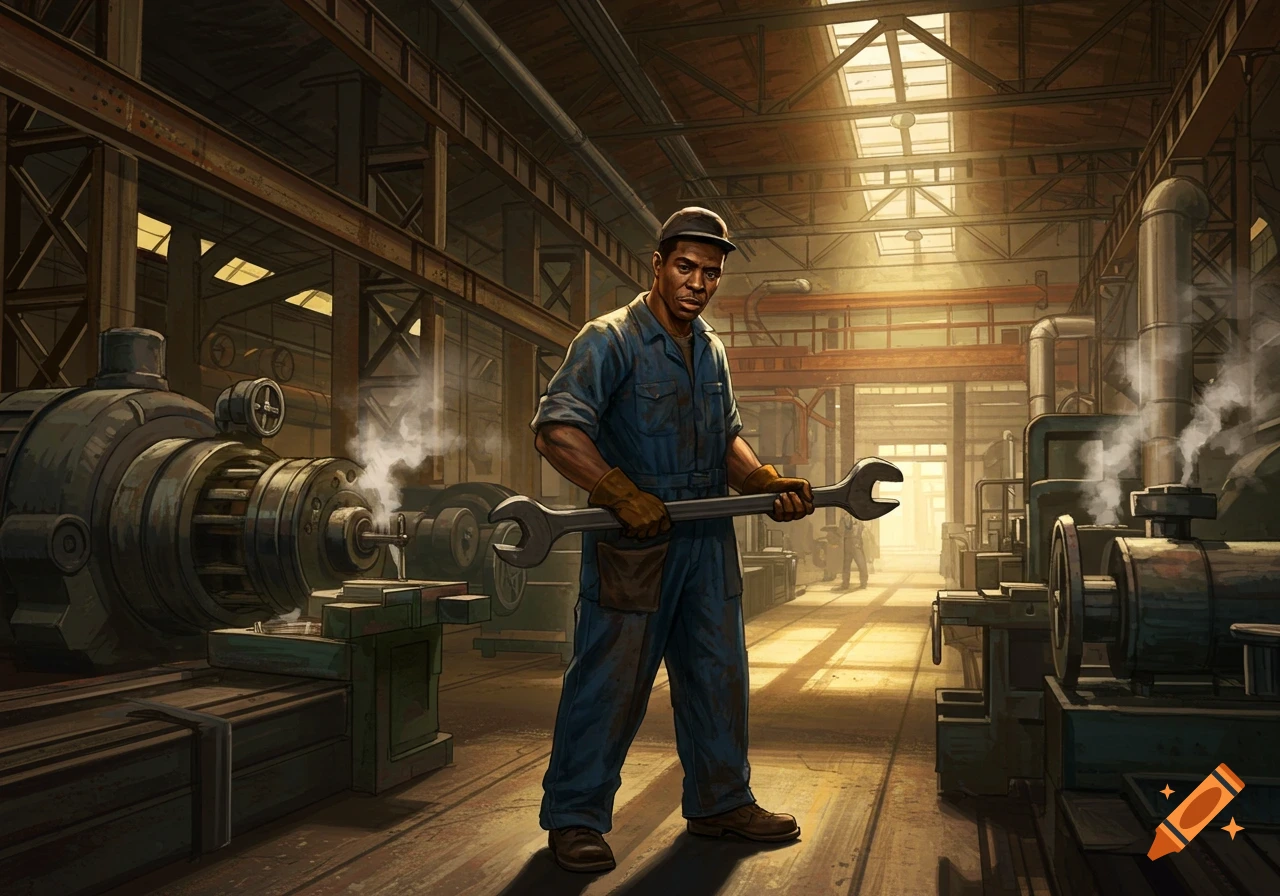 An African American factory worker holding a large wrench in an industrial factory setting.