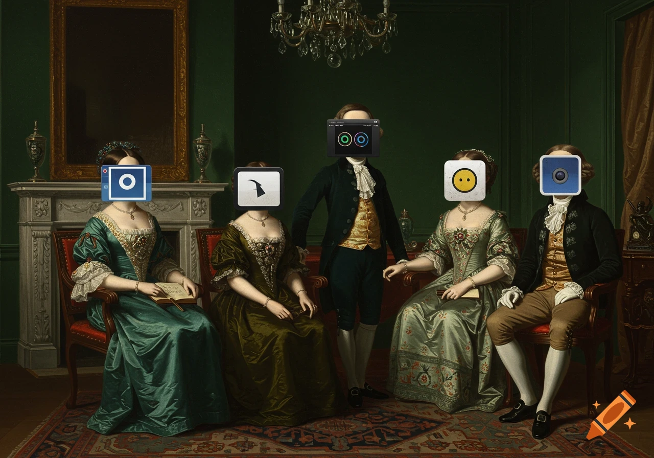 A surreal classical family portrait with software icons replacing the faces of the subjects, set in a dark green Victorian room.