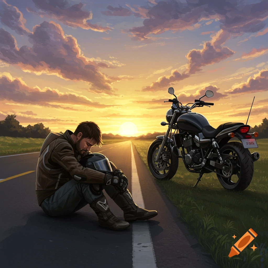 A man in motorcycle gear sits dejectedly on the road next to his motorcycle at sunset, illustration.
