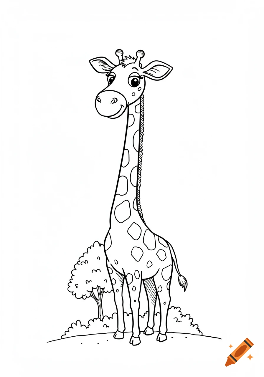 A black and white line drawing of a smiling cartoon giraffe standing in a field with a small tree.