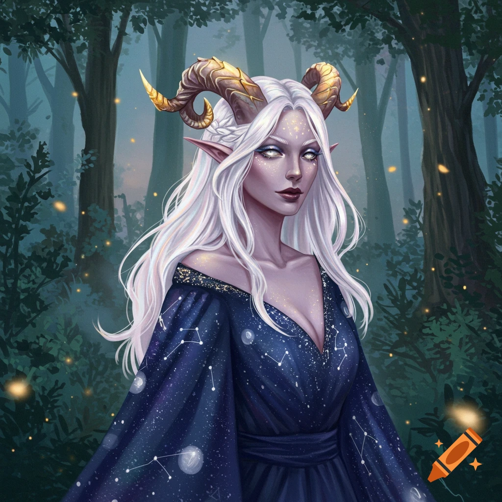 A pale-skinned fantasy woman with long white hair and golden ram horns, wearing a starry blue gown, stands in a dark, mystical forest with glowing fireflies.