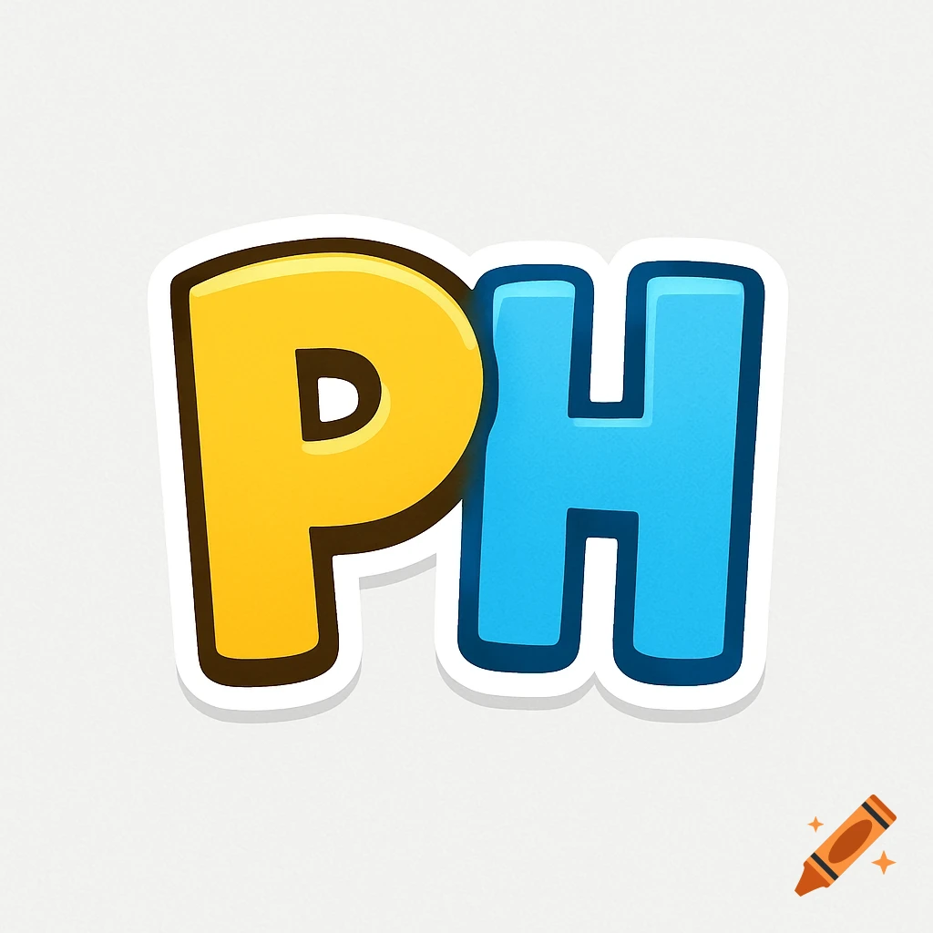 Cartoon logo with the letters PH, colored yellow and light blue.