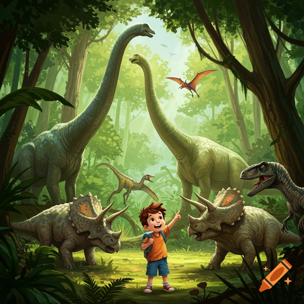 A cartoon boy points excitedly at diverse dinosaurs including long-necked and horned varieties, with a pterodactyl flying in a lush jungle.