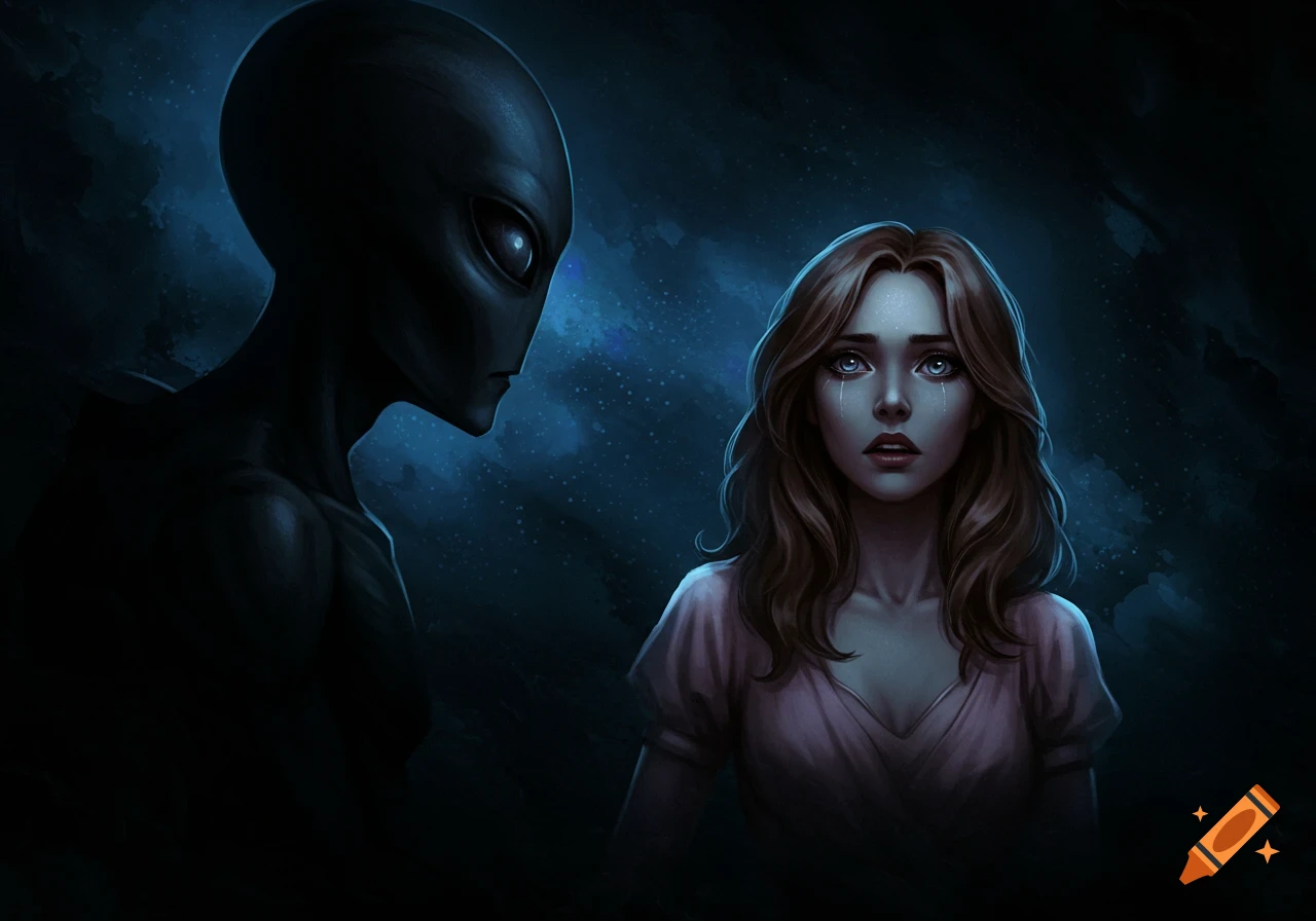 A frightened woman with tears meets a dark alien figure in a dark, atmospheric digital painting.