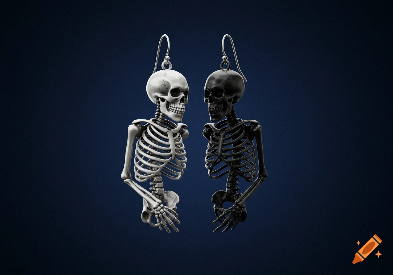 Two skeleton earrings, one silver and one black, facing each other on a dark blue background.