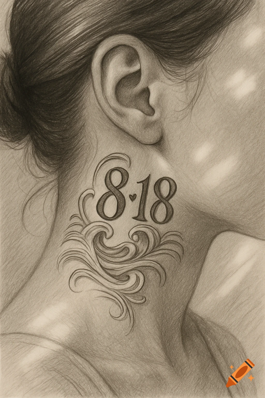 Pencil drawing of a person's neck and ear with a "8.18" tattoo surrounded by decorative filigree.