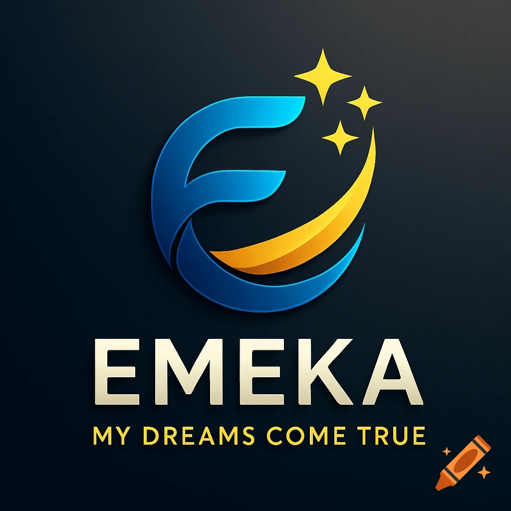 A stylized blue and gold logo featuring an 'E' shape and stars, with the text 'EMEKA MY DREAMS COME TRUE'.