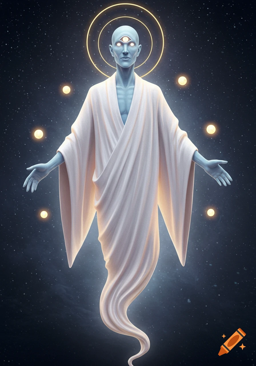 A light blue humanoid figure with three glowing eyes and a halo, wearing white robes, floats in space surrounded by glowing orbs.