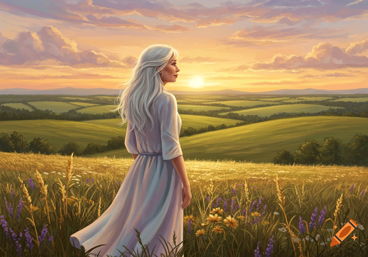 A silver-haired woman in a flowing dress stands in a golden field of wildflowers, gazing at a sunset over rolling green hills. Digital art style.