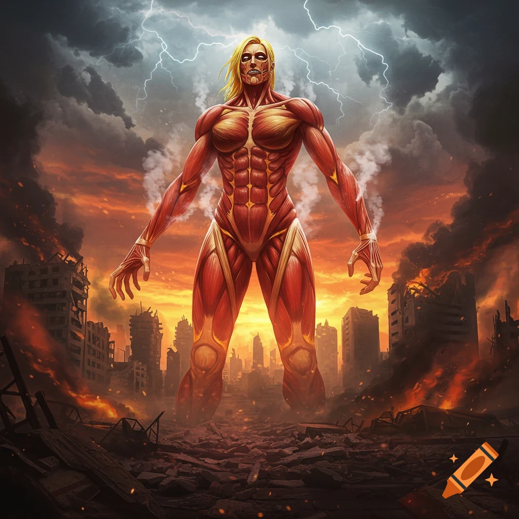 A colossal, muscular titan with blonde hair stands in a burning, destroyed city under a stormy sky with lightning.