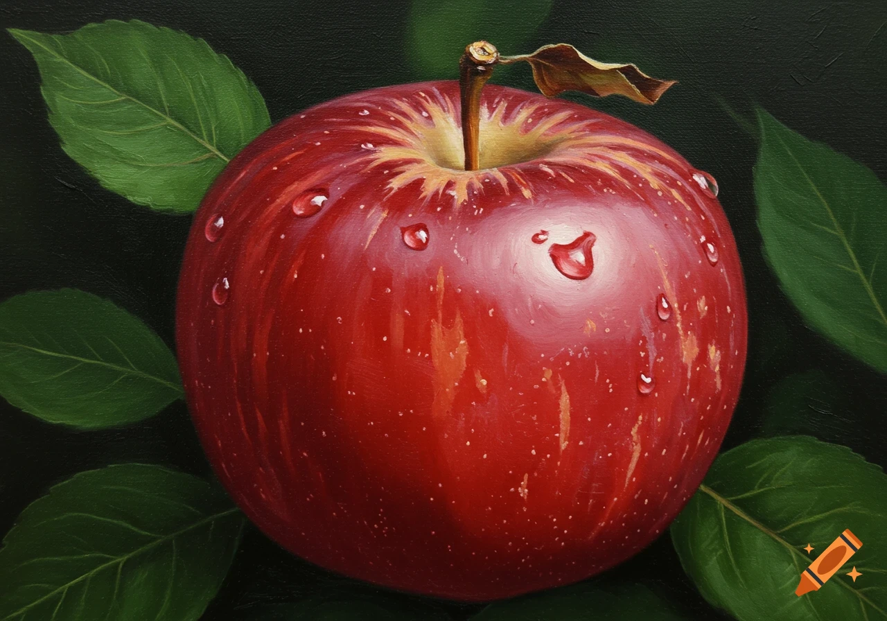 A close-up, photorealistic painting of a red apple with water droplets and green leaves on a dark background.