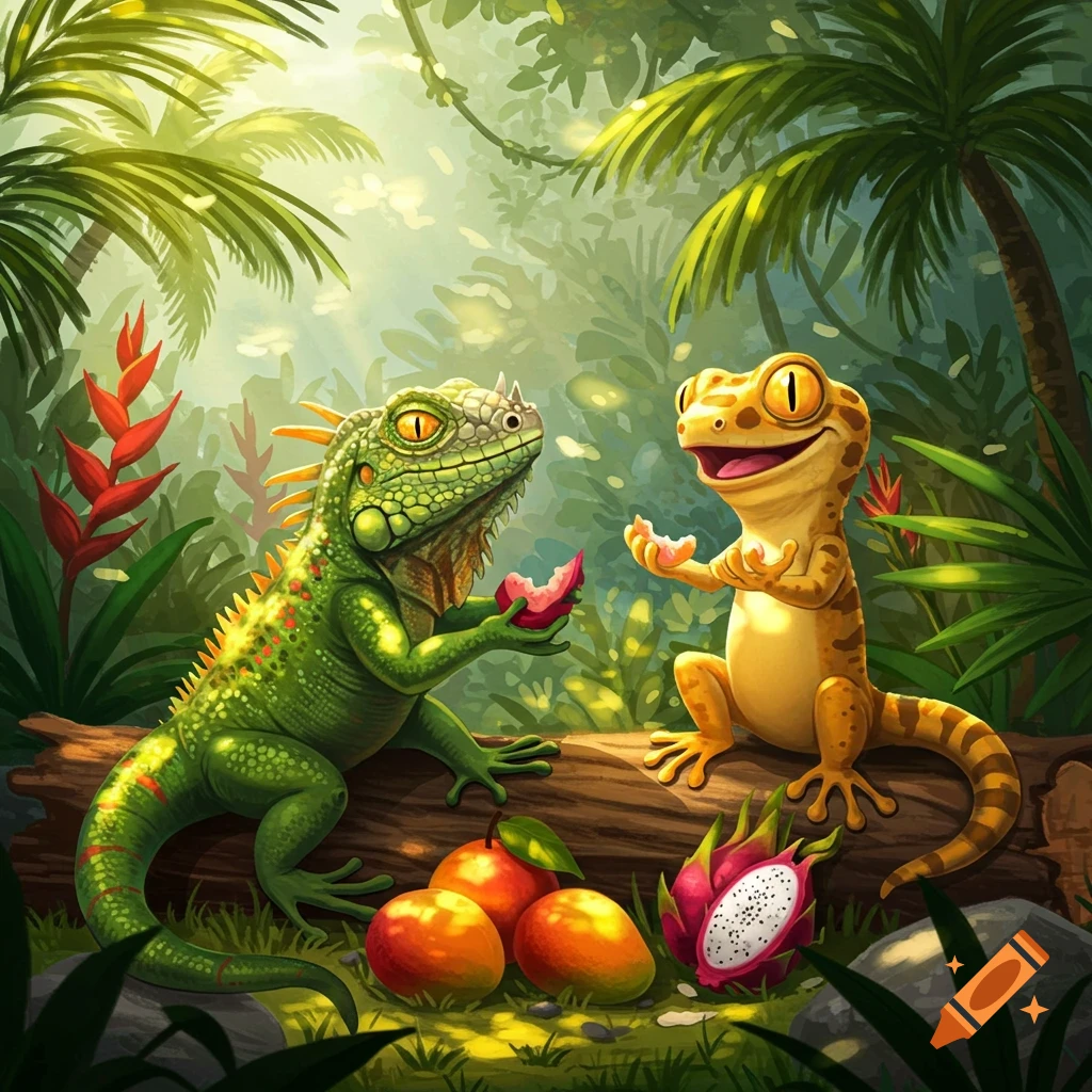 Cartoon green iguana and yellow gecko eating fruit on a log in a lush jungle.