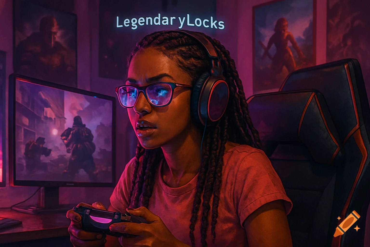 Brown-skinned gamer girl with braids, glasses, and headphones, playing a video game with a controller under neon pink light.