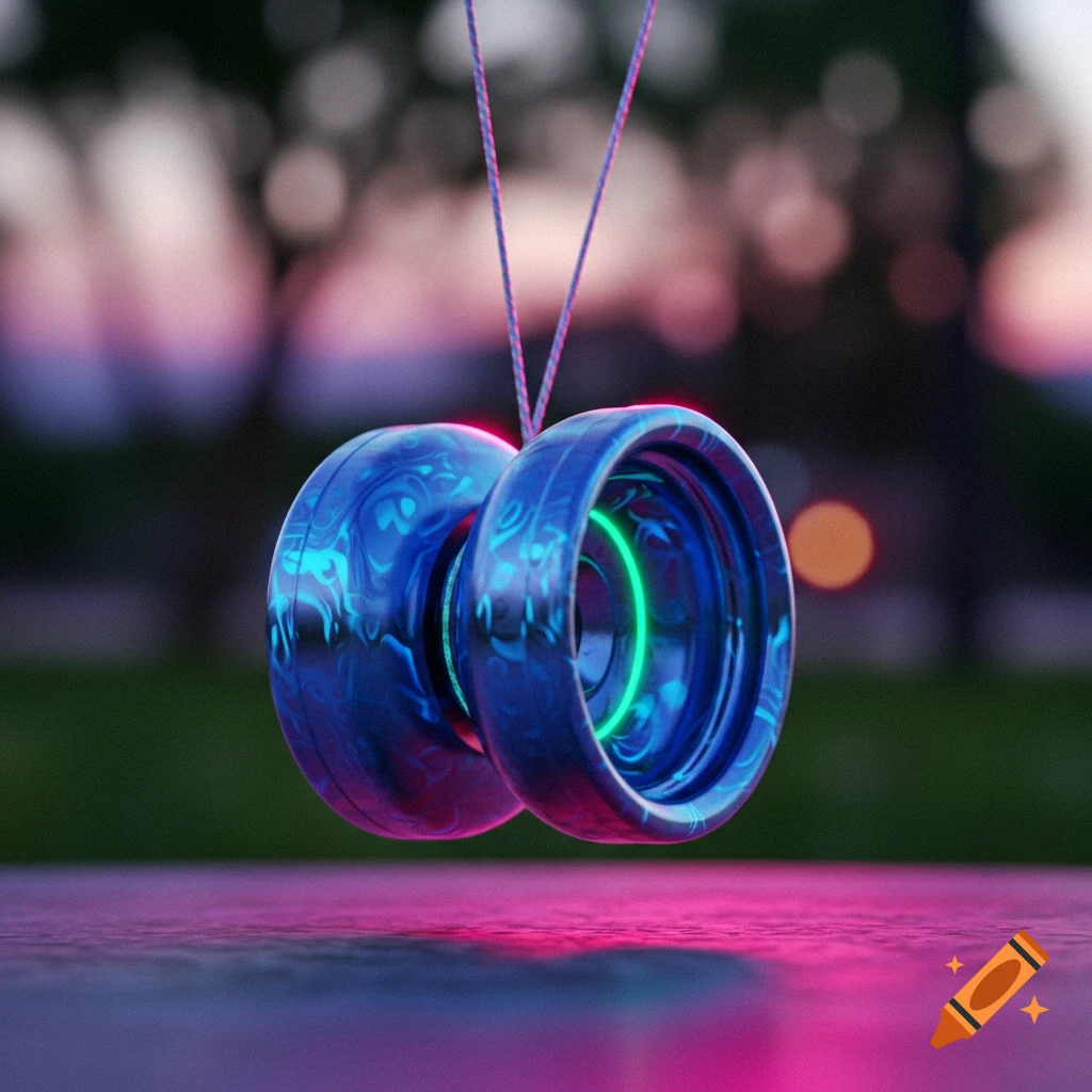 A blue and purple marbled yoyo with a glowing green ring rests on a reflective surface, with a blurred sunset background.