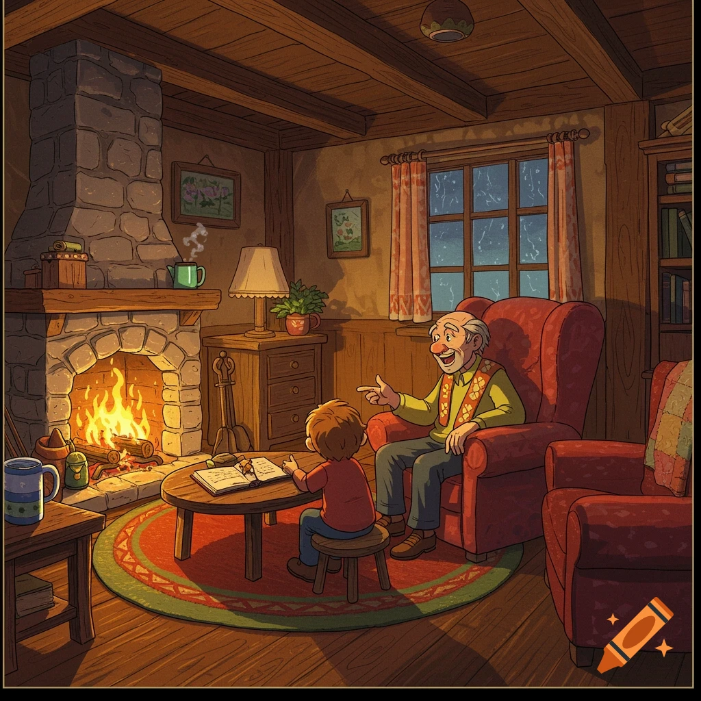 Cozy illustration of an old man telling a story to a child by a fireplace in a cottage while it rains outside.