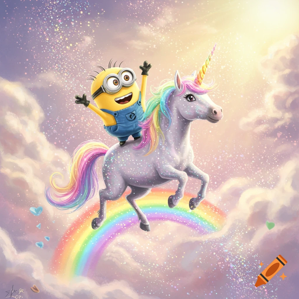 A vibrant illustration of a happy yellow Minion riding a colorful rainbow unicorn through sparkling clouds above a rainbow.