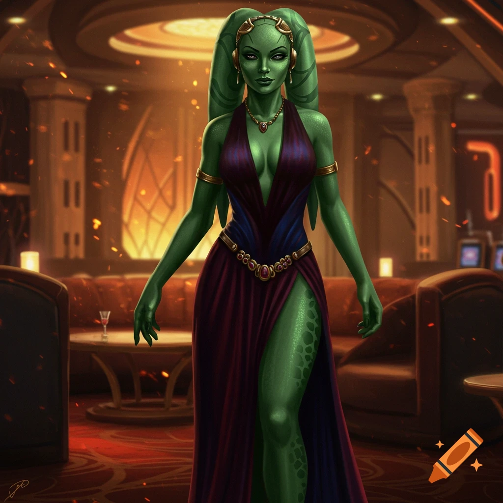 A green-skinned alien woman with lekku stands in an elegant, dimly lit casino, wearing a deep red and blue gown with a high slit. She has golden jewelry and a serious expression.