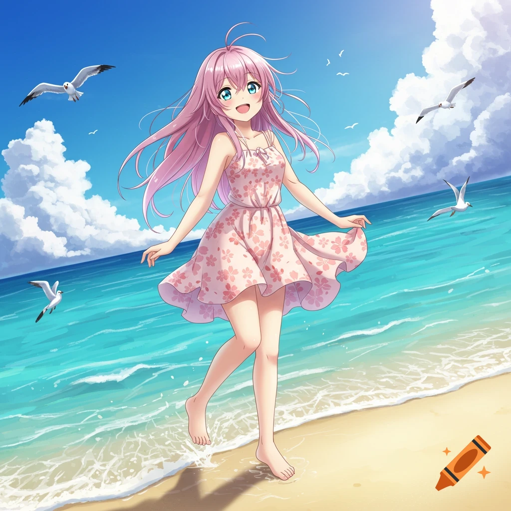 Anime girl with pink hair in a floral dress smiling on a sunny beach with seagulls.