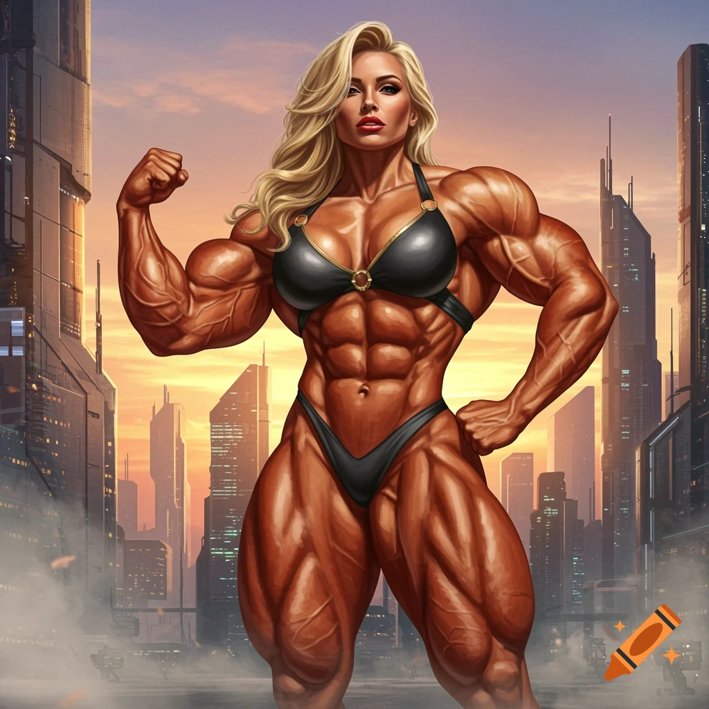 A massively muscular blonde female bodybuilder in a black bikini poses in a futuristic city at sunset.