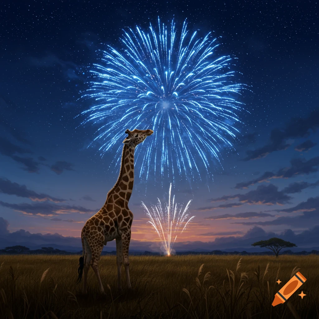A giraffe stands in a savanna, looking up at a large blue fireworks display in the night sky.