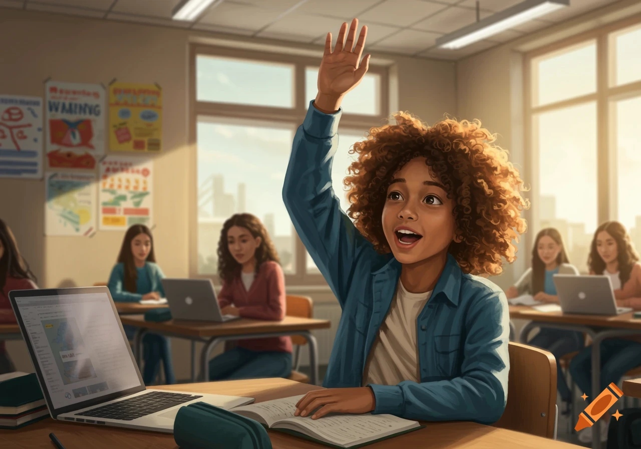 A student with curly hair raises their hand enthusiastically in a classroom with other students and laptops.