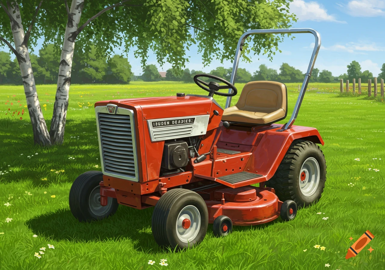 A red riding lawn mower with a tan seat parked in a vibrant green grassy field under a blue sky with trees and a fence in the background, in an illustrative style.