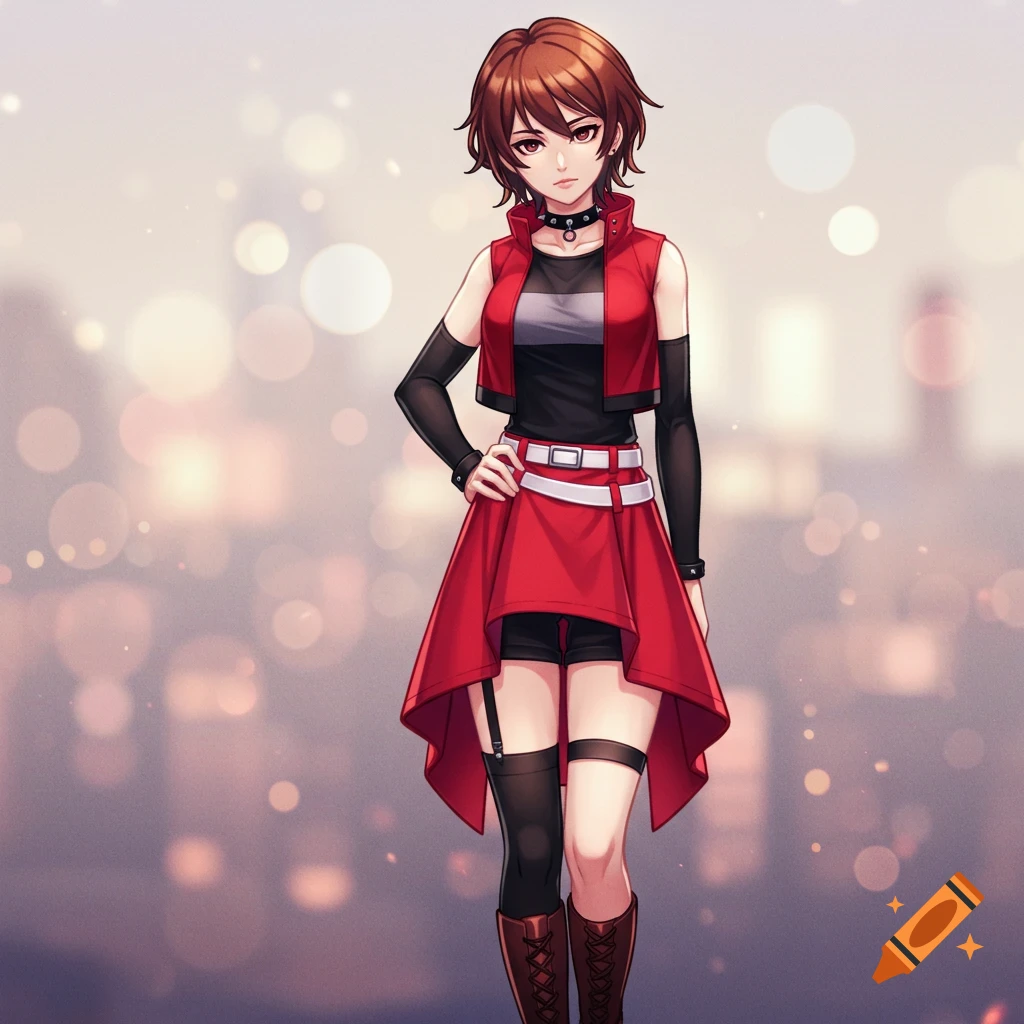 An anime character with short brown hair, wearing a red sleeveless jacket, black undershirt, red skirt, black shorts, and brown boots, standing against a blurred bokeh background.