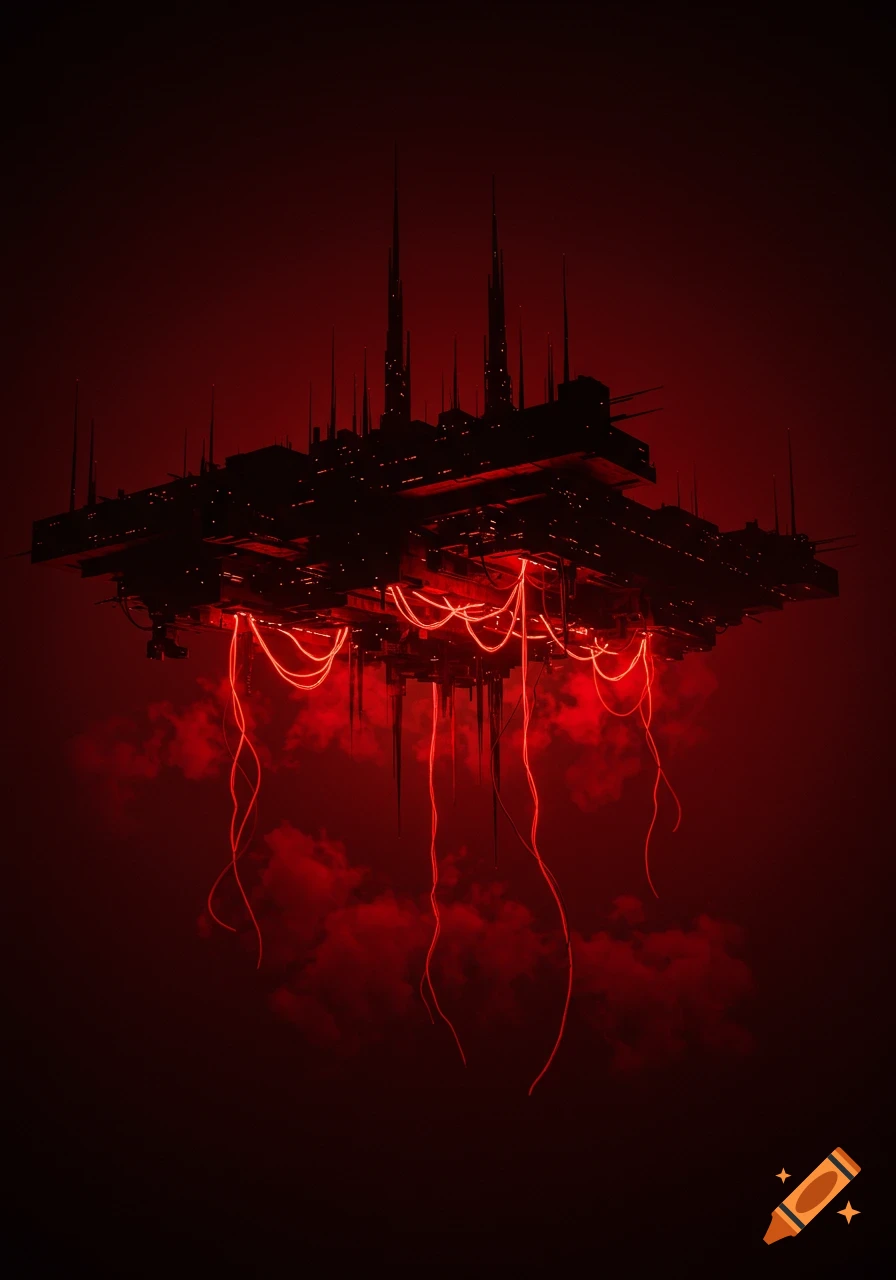 A dark, eerie futuristic megastructure with spires floats in a red void, illuminated by glowing red tendrils and clouds.