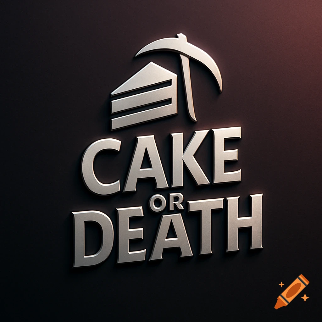 A silver 3D logo featuring a slice of cake with a pickaxe and the words "CAKE OR DEATH" below it, on a dark background.