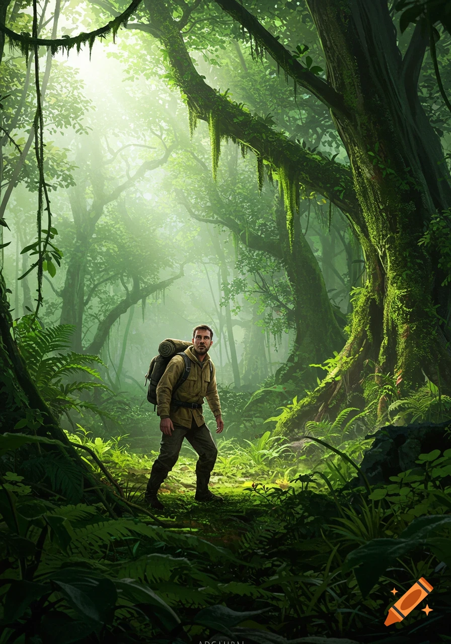 A man with a backpack explores a lush, misty jungle with sun rays filtering through the canopy.