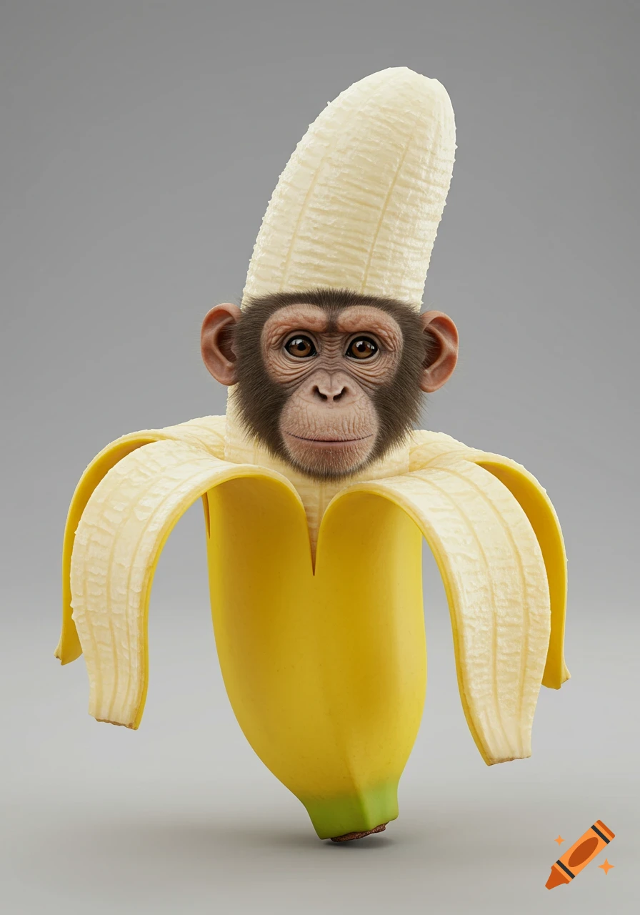 A photorealistic image of a baby monkey emerging from a peeled banana, with the top of the banana forming a tall hat.