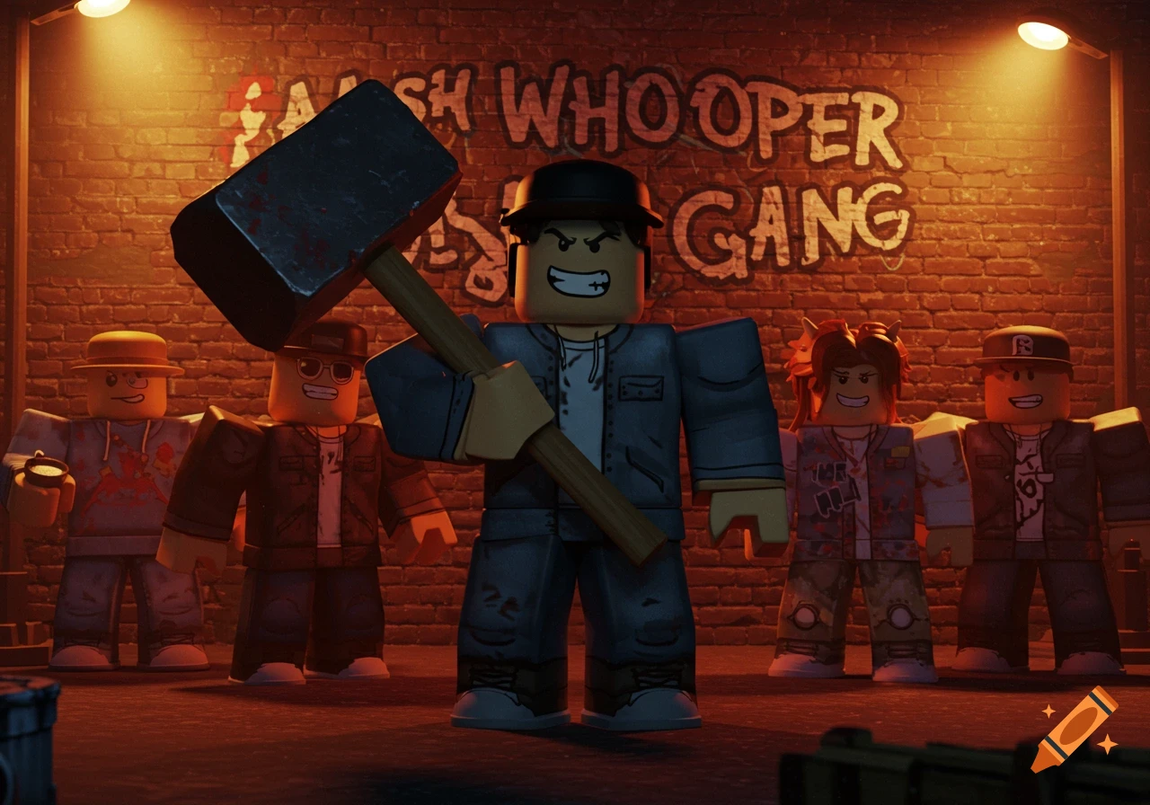 Five Roblox-style characters in a gritty alleyway, one holding a hammer, in front of a brick wall with graffiti.