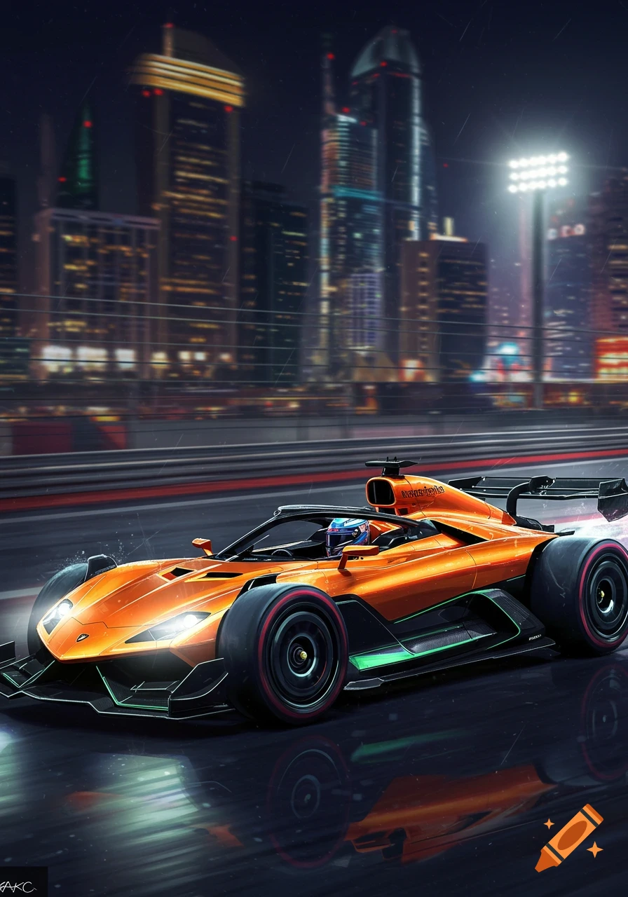 A sleek, futuristic orange Formula 1 car races at night on a track with a blurred city skyline in the background, rain streaks visible.