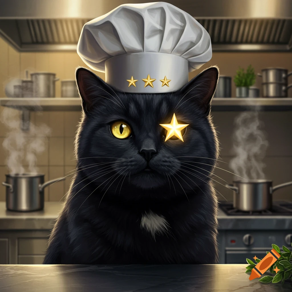 A black cat wearing a white chef's hat with gold stars stands in a kitchen with steaming pots, a gold star over its right eye.