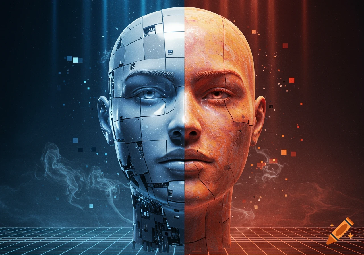 A split image of a human head, one half metallic and robotic with blue light, the other half organic with orange light, against a grid background.