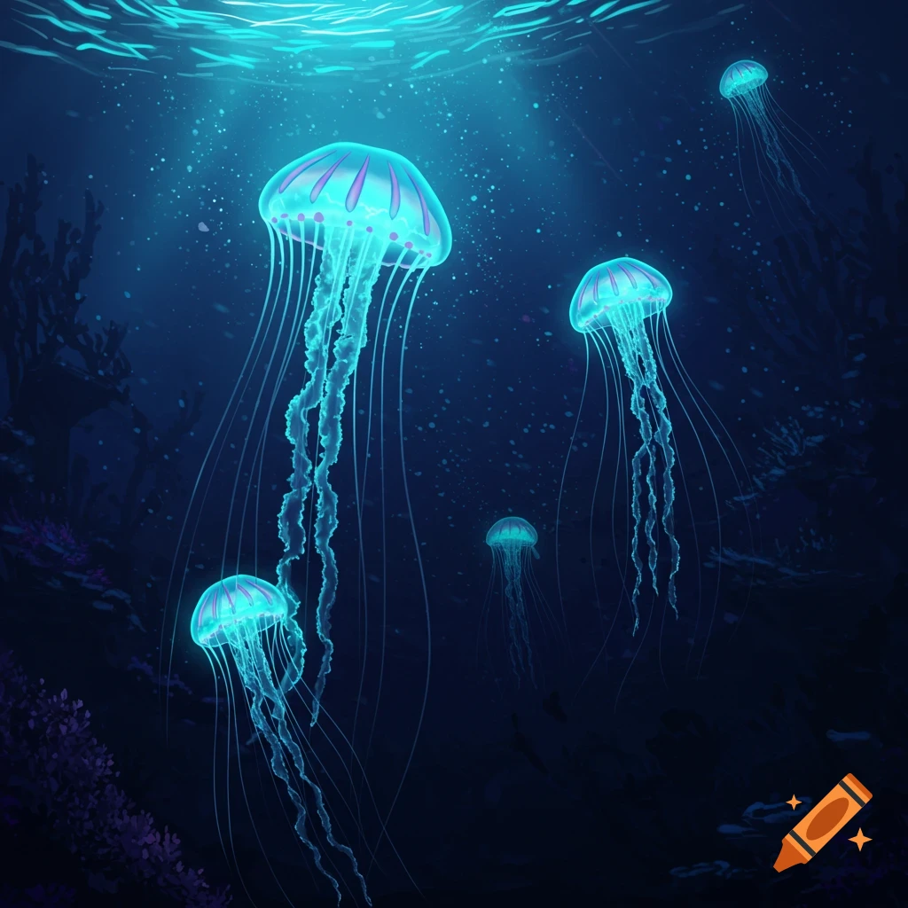 Glowing blue jellyfish with long tentacles swim in a dark, luminous underwater environment with light rays from above.