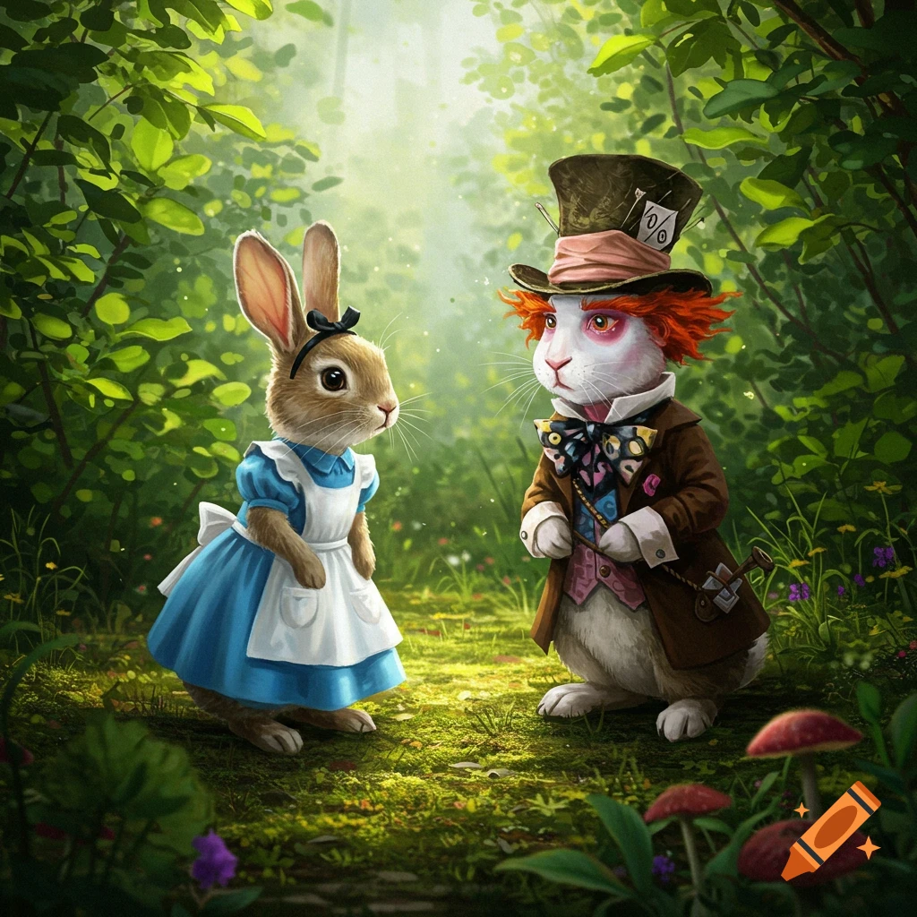 A bunny dressed as Alice in Wonderland and another bunny dressed as the Mad Hatter meet in a magical, lush green forest.