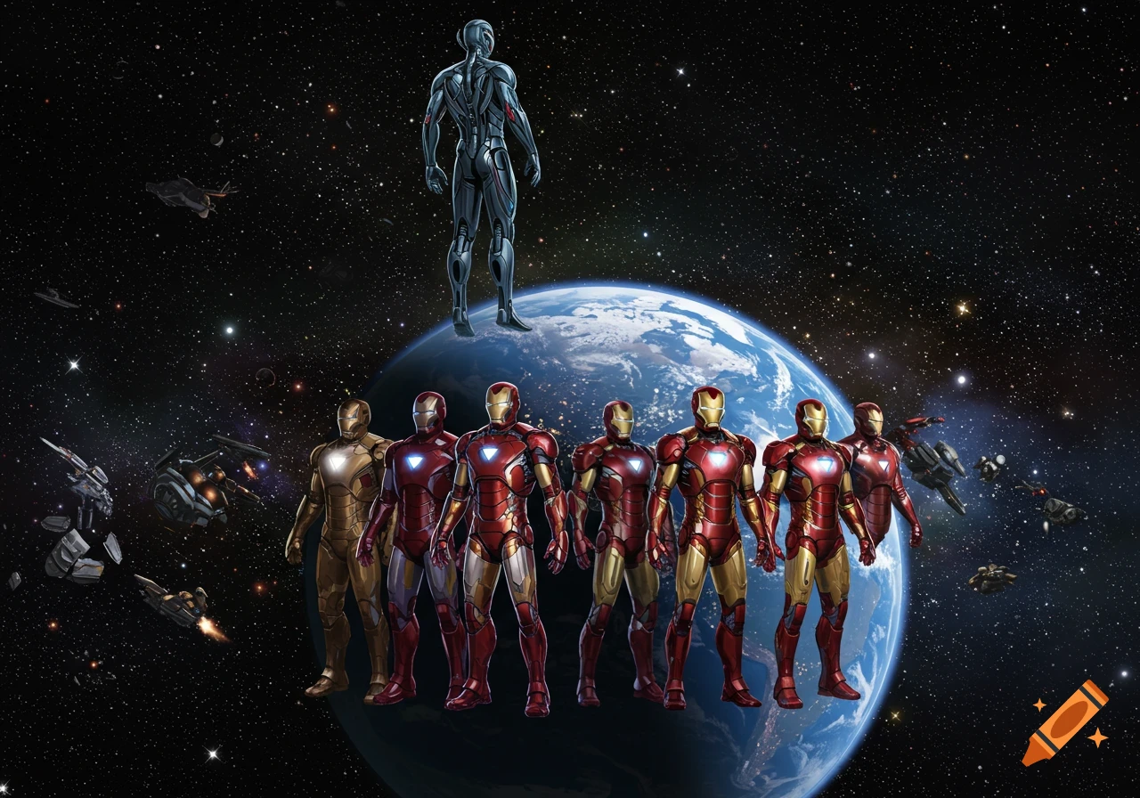 Ultron stands above Earth in deep space, looking at the planet covered by multiple Iron Man suits, with spaceships in the background.