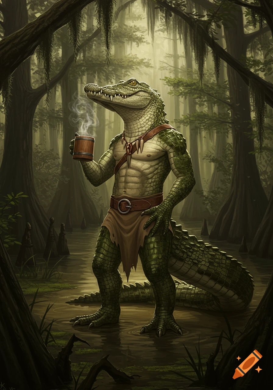 A muscular, anthropomorphic alligator wearing primitive clothing stands in a swamp, holding a steaming wooden mug.