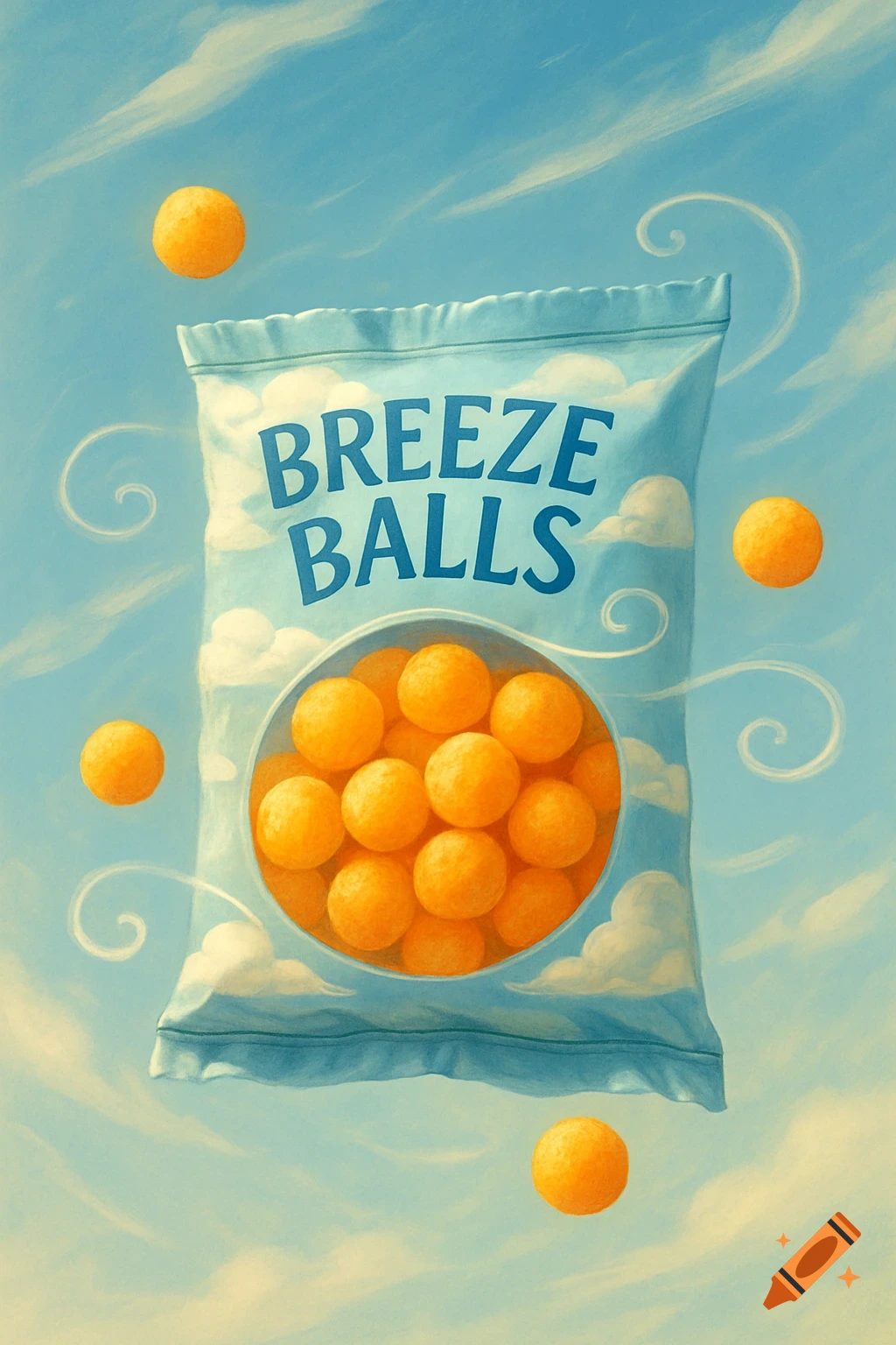 A light blue bag of 'Breeze Balls' containing orange spheres, floating in a sunny blue sky with clouds in an illustrative style.