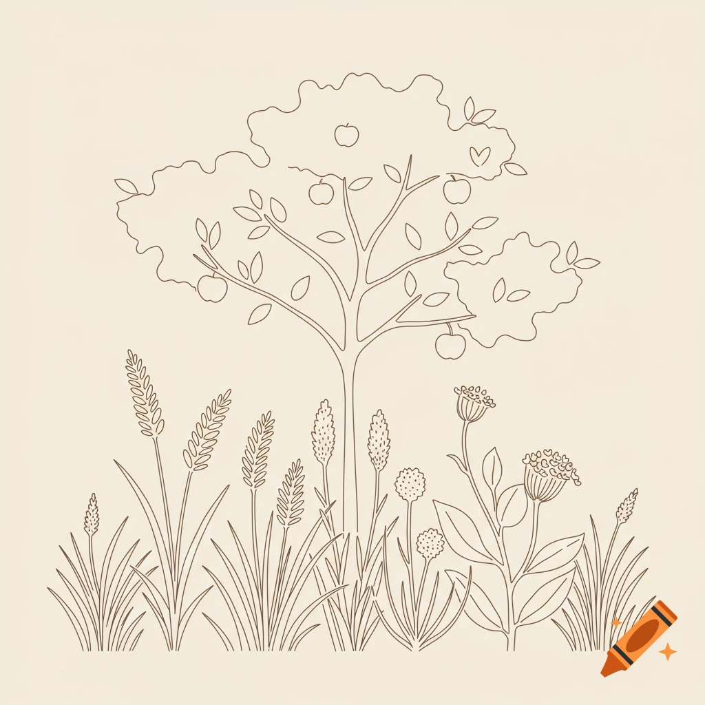 A minimalist line art drawing of an apple tree with grass and various wildflowers at its base, on a light background.