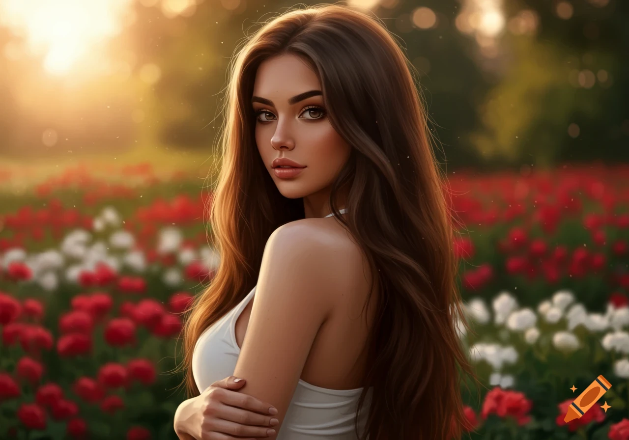 A photorealistic portrait of a brunette woman looking over her shoulder in a field of red and white flowers at sunset.