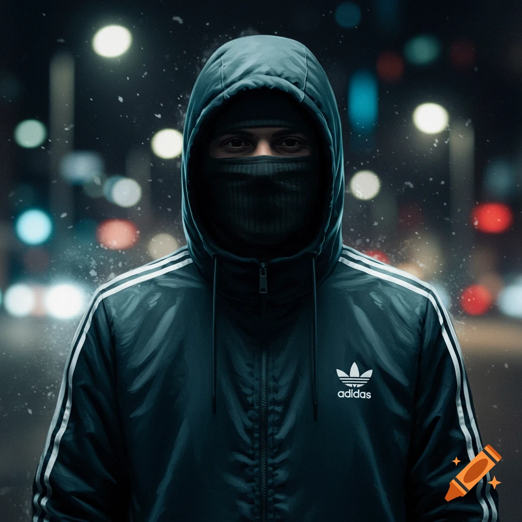 Photorealistic portrait of a person in a balaclava and Adidas hooded jacket, with bokeh lights and falling snow in an urban setting.