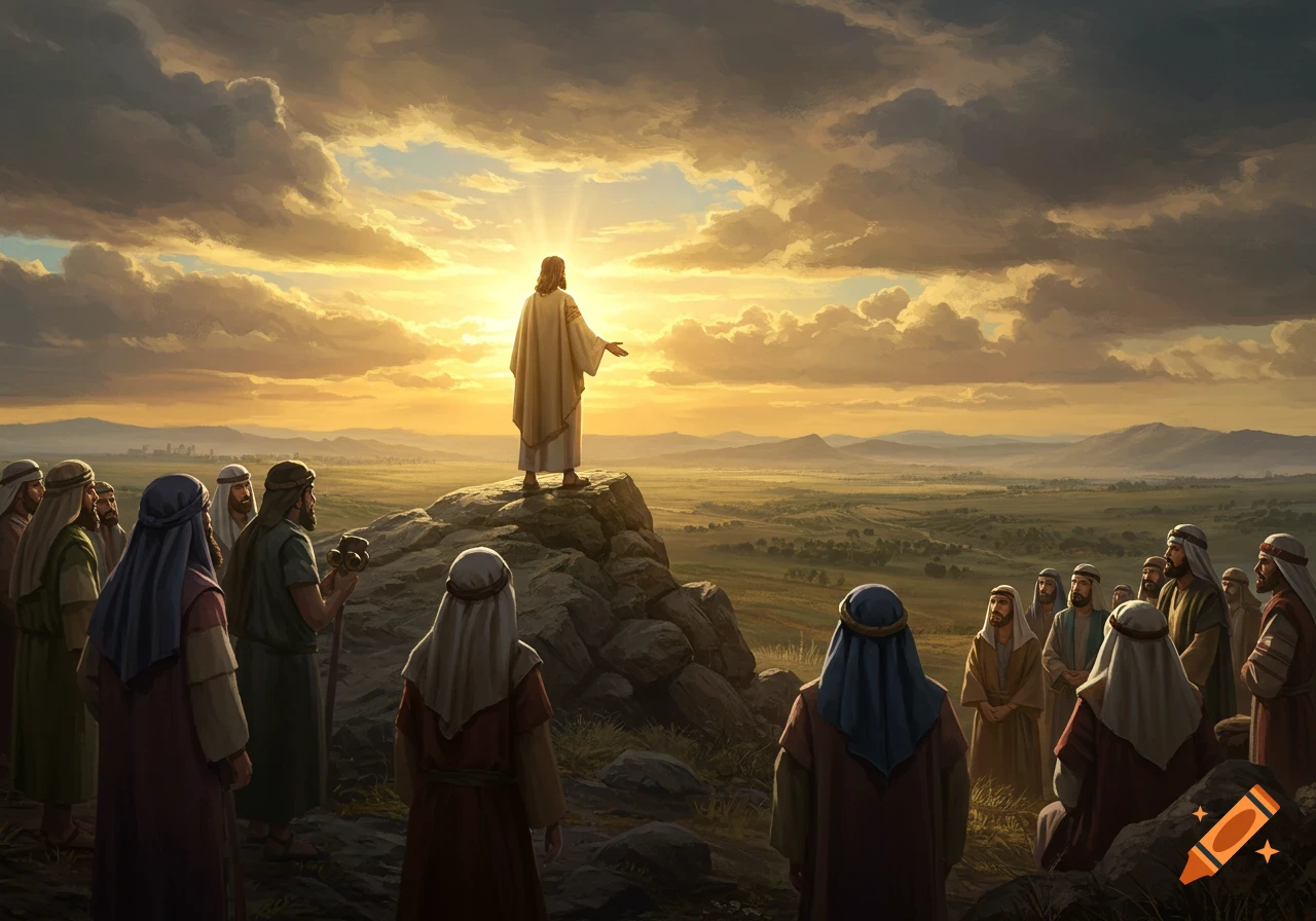 A robed figure stands on a rocky hill, arms outstretched, addressing a crowd of people at sunset in a vast landscape.