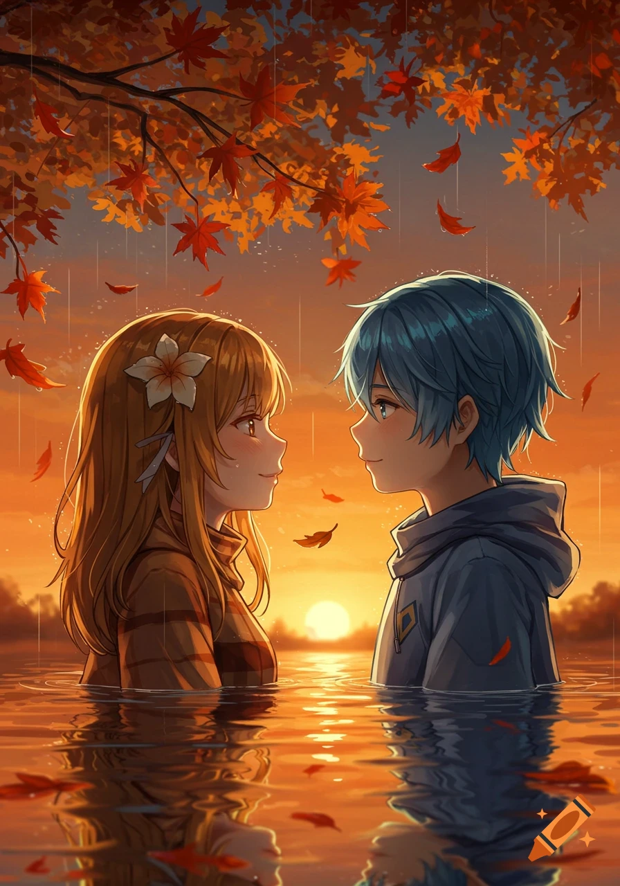 Anime boy and girl gaze at each other in a lake at sunset, surrounded by falling autumn leaves from an overhead tree.