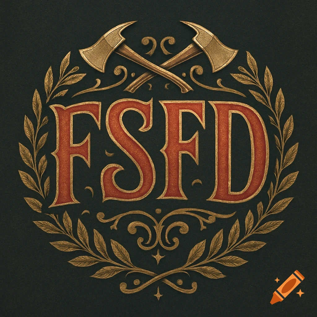 An ornate vintage fire department logo with red 'FSFD' letters, crossed golden axes, and laurel branches on a dark background.