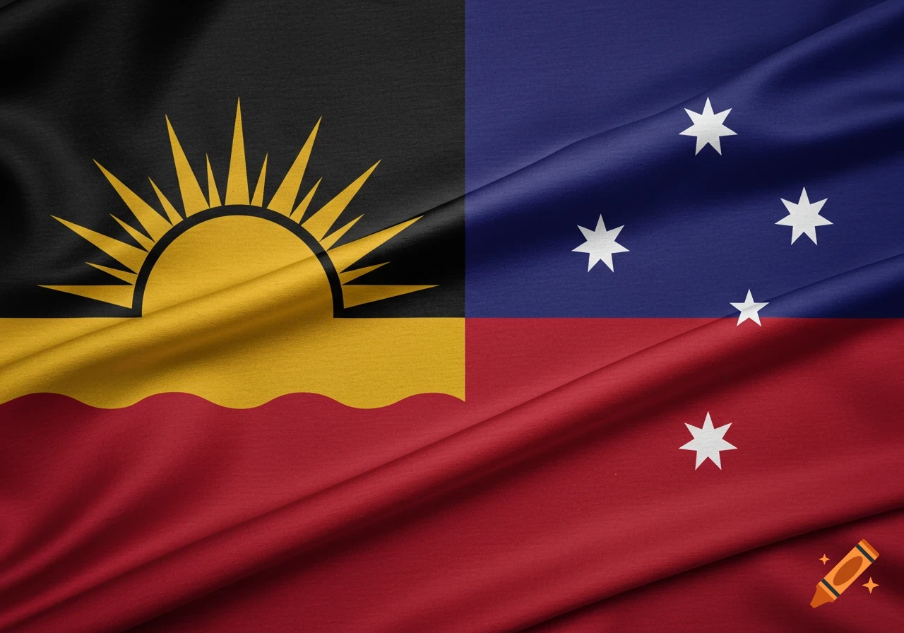 A composite flag, left side features a black, gold sun, and red wavy design, right side has blue with the Southern Cross and a red field, with fabric folds.