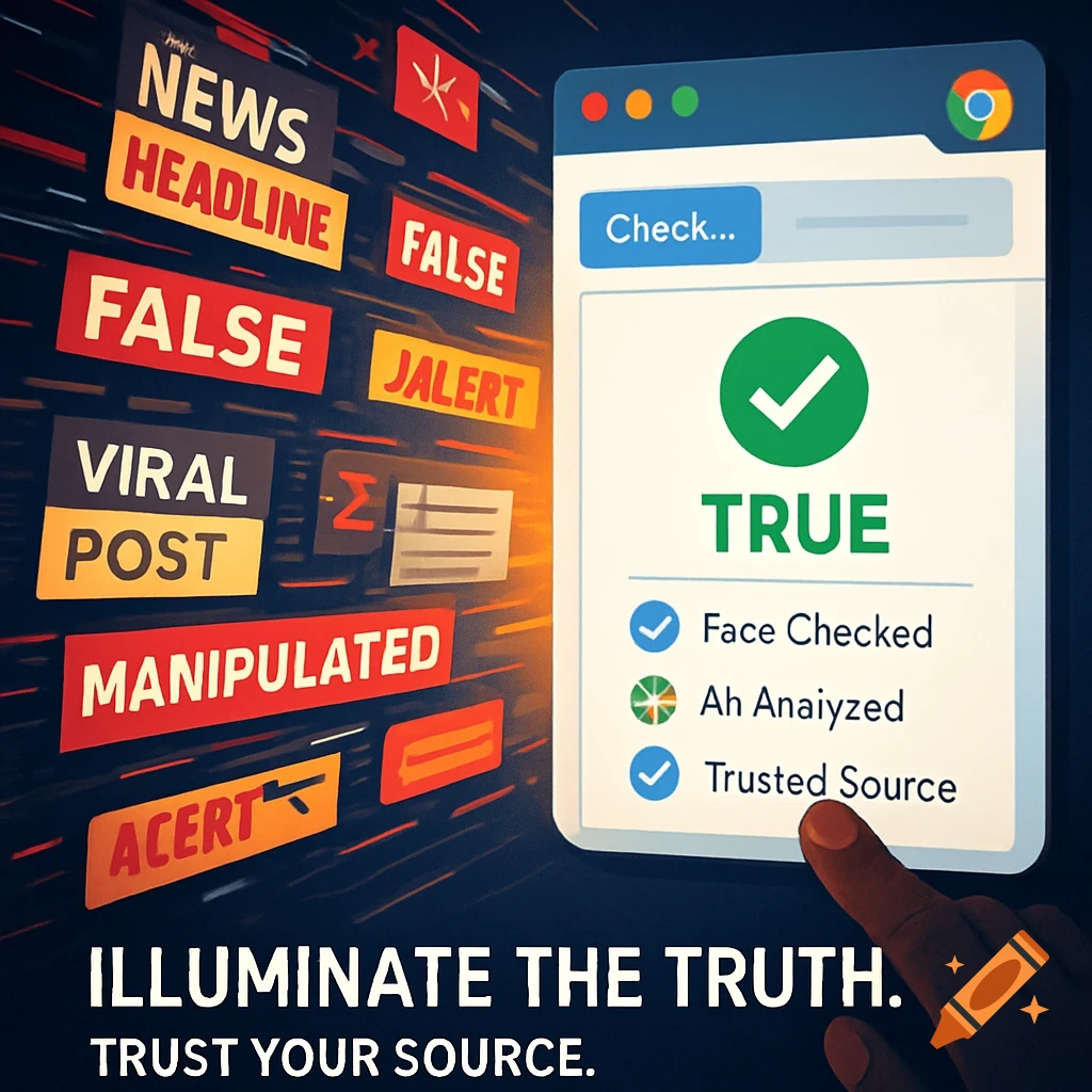 An abstract illustration showing a browser window with a green checkmark and 'TRUE' indicating verified information, surrounded by red and yellow rectangles with words like 'FALSE', 'NEWS HEADLINE', and 'MANIPULATED', representing misinformation. A finger points to the screen.